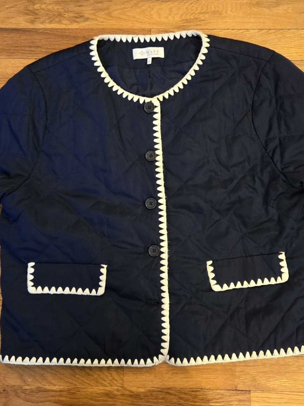 Wayf Navy Quilted Jacket with Cream Detailed Trim